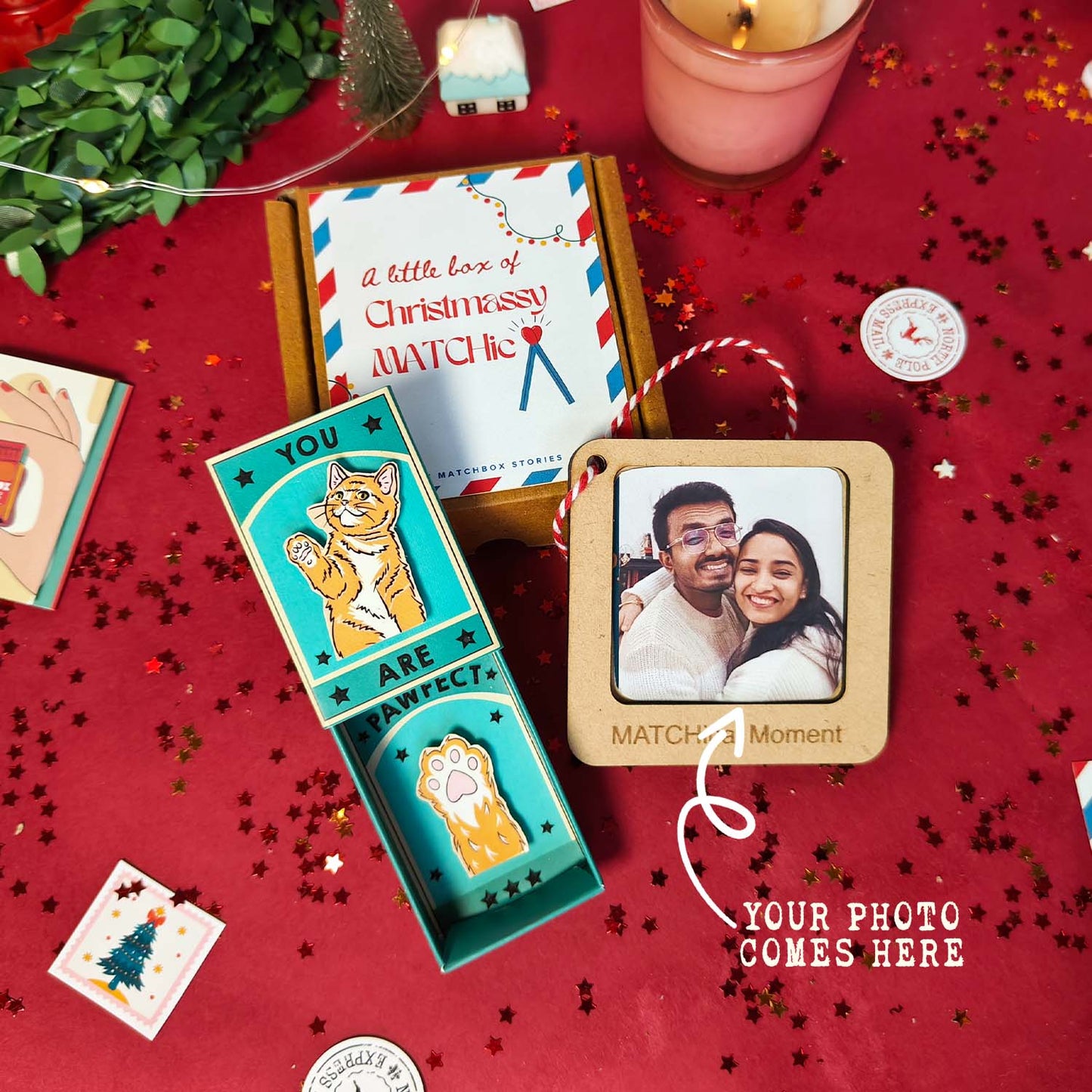 Cat Lover Christmas Gift Set - Fridge Magnet Matchbox with Picture Personalized Fridge Magnet Frame - 2