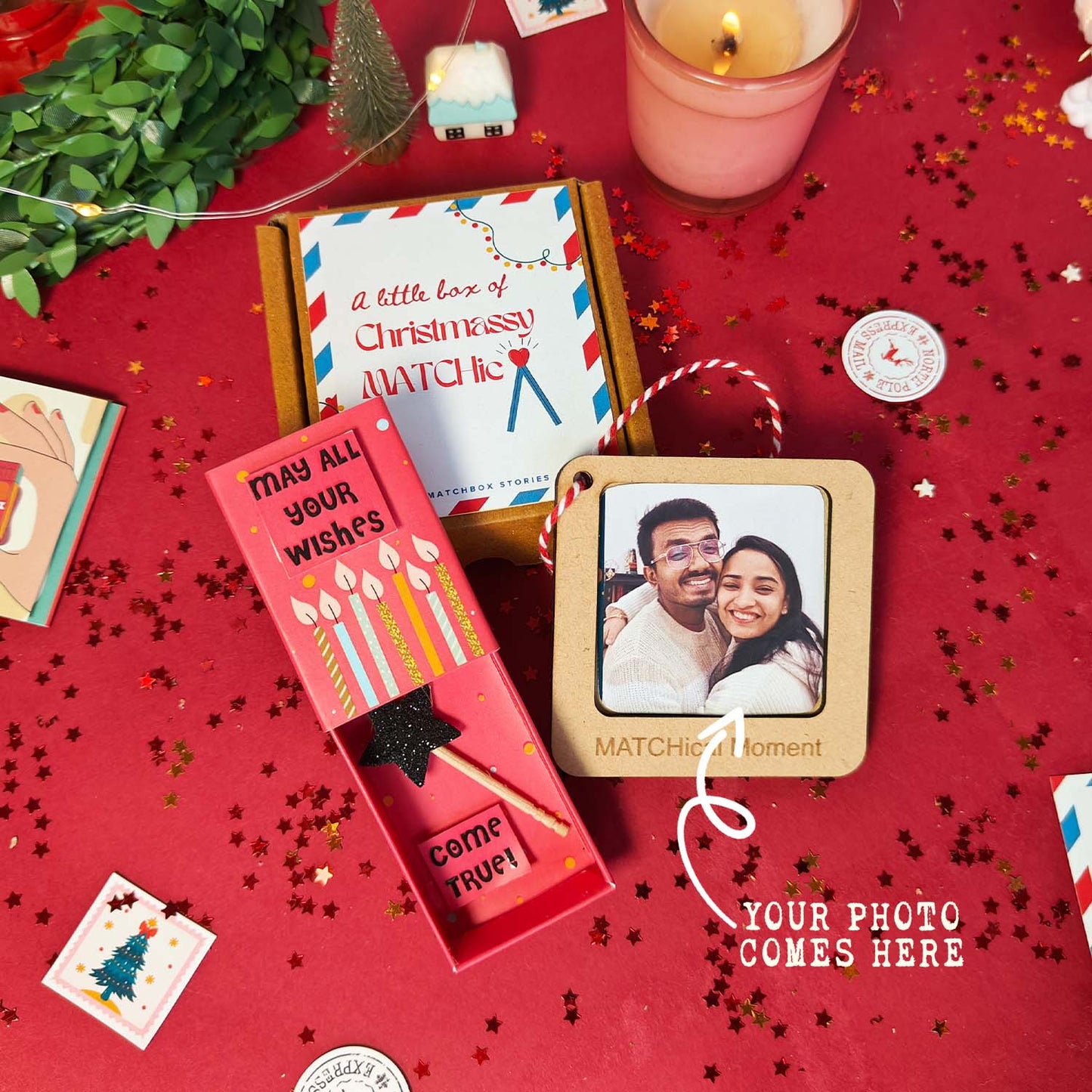 Christmas Wishes Gift Set - Fridge Magnet Matchbox with Picture Personalized Fridge Magnet Frame